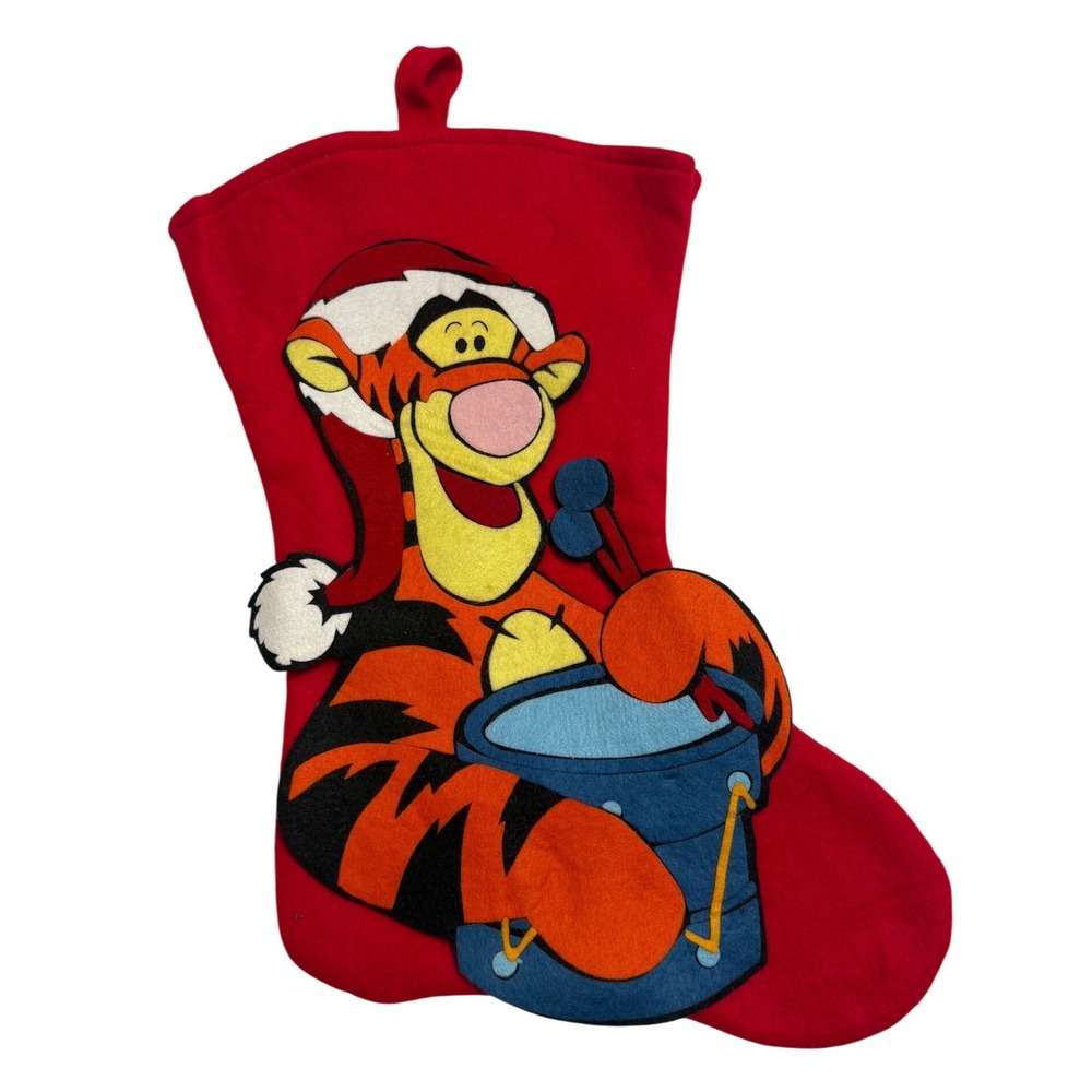 Disney Winnie the Pooh Tigger Christmas Stocking Red Felt Santa Hat Drumming